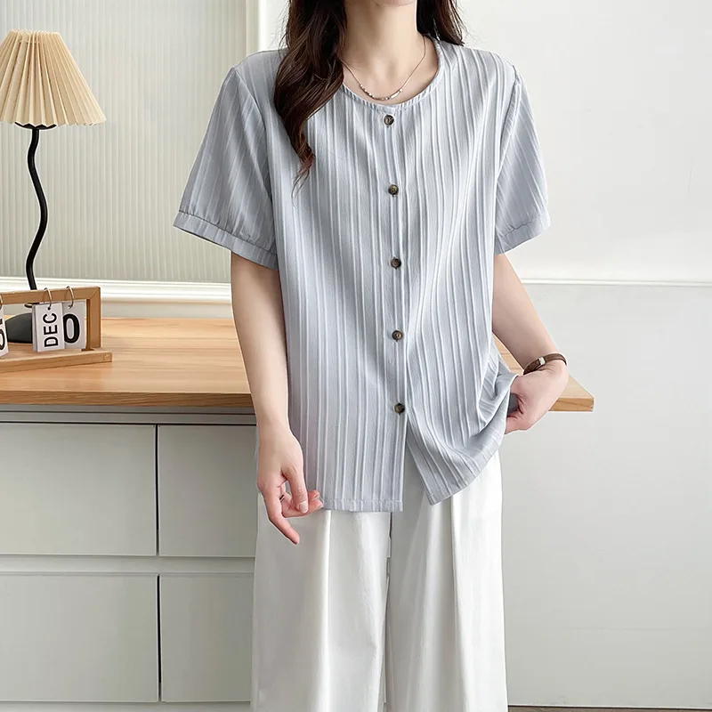 100KG New Summer Style Accordion Vertical Striped Short Sleeve Shirt Plus Size Women's Casual Chiffon Blouses 313