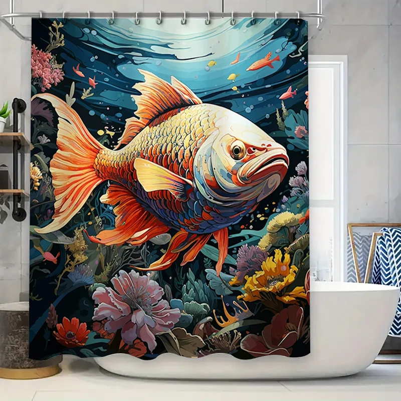 

Vibrant Underwater World Shower Curtain Gold Fish Coral Design Waterproof Bathroom Decor Privacy Screen for Home Bathrooms (72x8