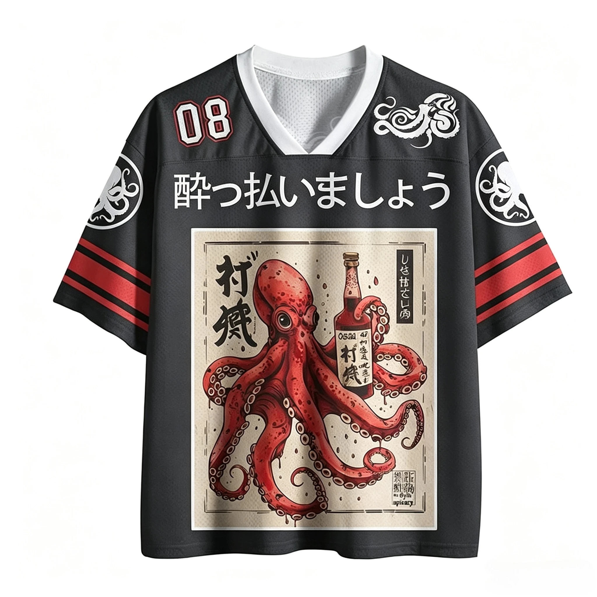 Hot Sale Family Matching Retro Ukiyo‑e Octopus Sake Graphic V‑Neck Jersey Tee Hip‑Hop Daily Street Casual Short Sleeve Top