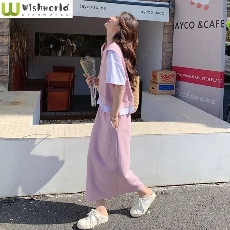 

Pink Casual Sports Suit Skirt Women's Spring and Summer New Style Loose Casual T-shirt Half Skirt Two-piece Set