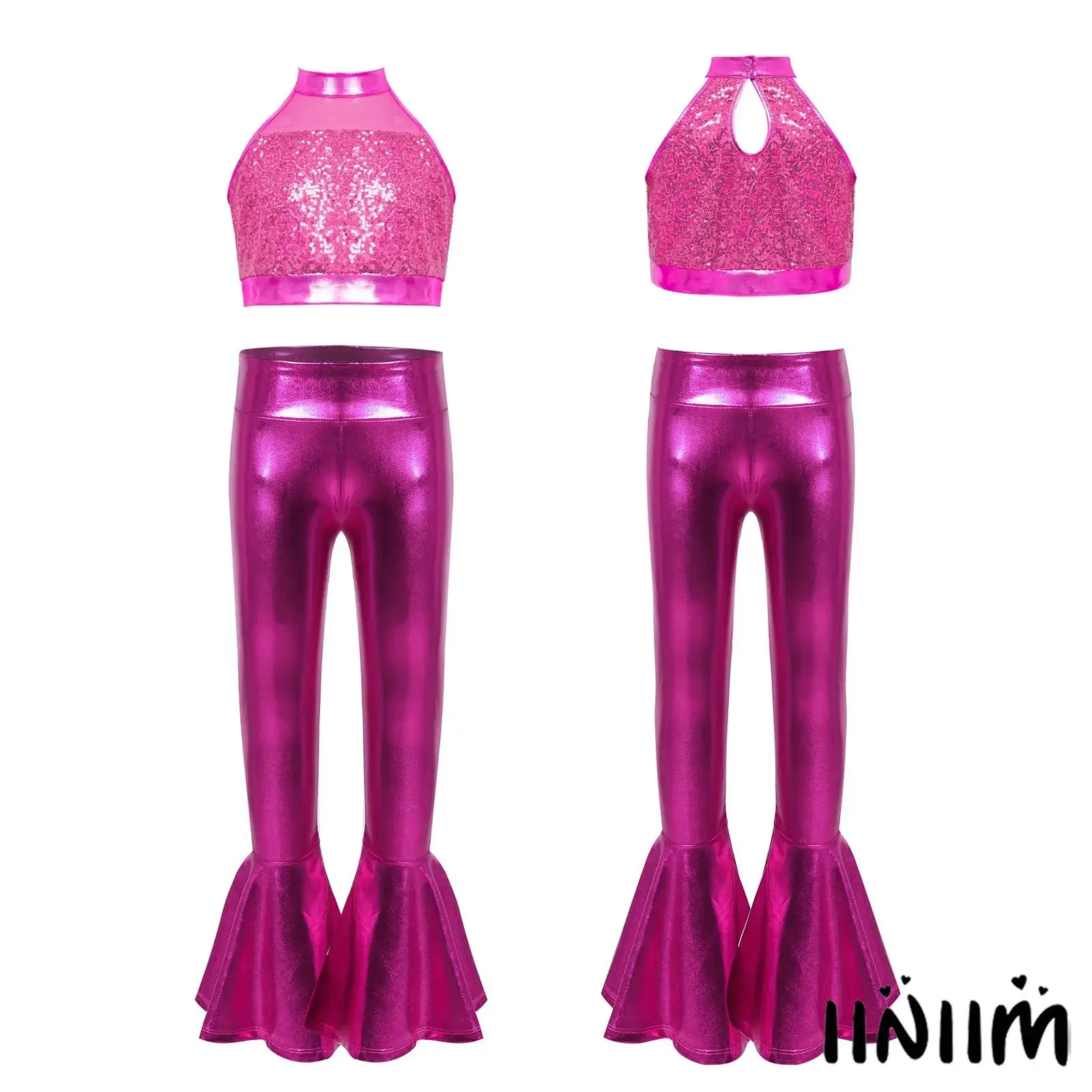 

Kids Girls Jazz Performance Costume Sleeveless Keyhole Back Crop Top with Sparkly Sequins And Metallic Bell Bottom Pants Set