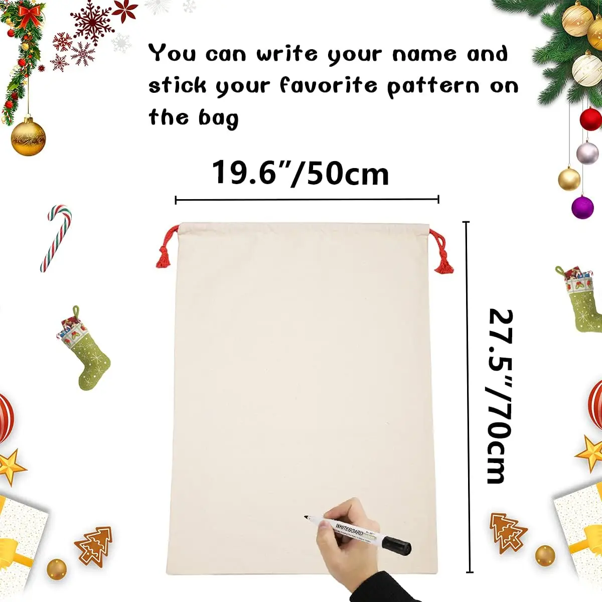 2Pack Large Christmas Bag Santa Sacks Xmas Canvas Cotton Xmas Sack Stocking with Drawstrings (19.5 X 27.5)