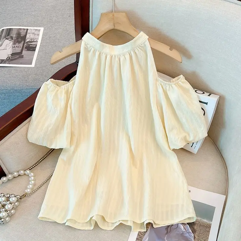 

Gentle Temperament, Women's Summer Design Sense, Hanging Neck And Off Shoulder Bubble Sleeve Top