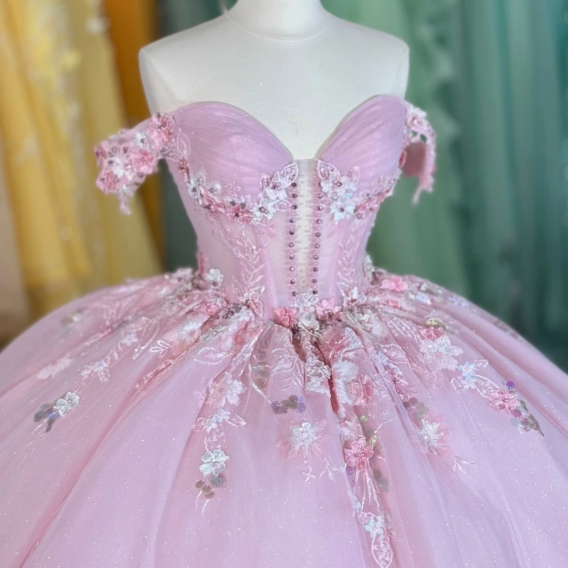 핑크 샤이니 퀸시에라 드레스 오프숄더 아플리케 레이스 비딩 크리스탈 파티 생일 스위트 16 드레스 베스티도스 데 15 아뇨스