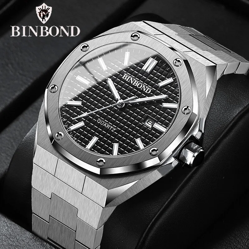 BINBOND Top Brand Luxury Quartz Watch Men Fashion Casual Big Dial Stainless Steel Calendar Quartz Wristwatch Classic Male Clock