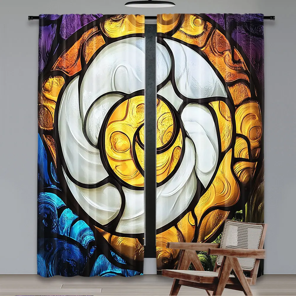 2Pcs Colorful Curtain Pop Style Funky Unusual Stained Glass Window Thai Art Traditional Image Suitable For Bedroom Bathroom