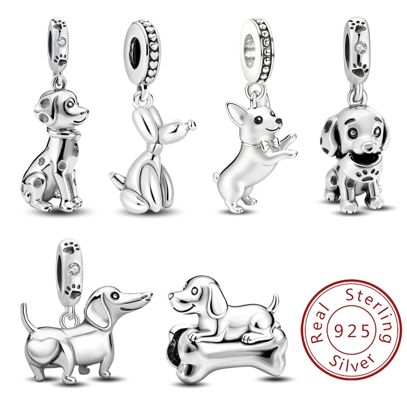 

925 Sterling Silver Cute Spotted Puppy Sausage Dog Animal Series Charms Beads Fit Original Pan Bracelet High Quality DIY Jewelry