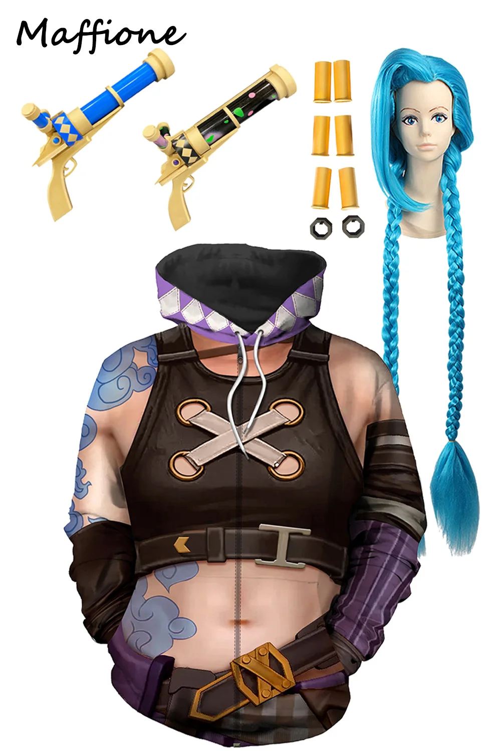 

Игра LOL Arcane Jinx Толстовки Косплей Костюм Парик Пистолет ​ Реквизит для головных уборов, пуловер с капюшоном и принтом, уличные пальто, костюмы на Хэллоуин