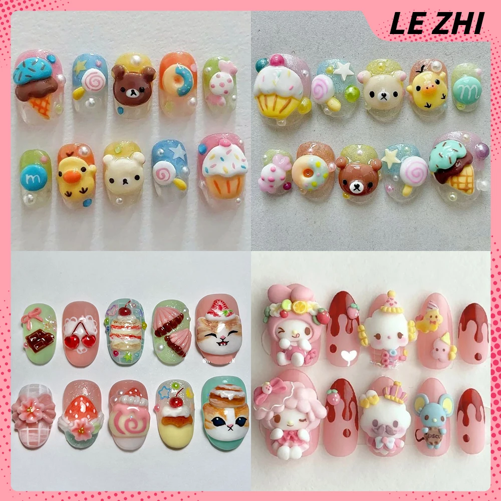 

10Pcs Cartoon Rilakkuma My Melody Cinnamoroll Almond Fake Nail Kawaii Rabbit Cat Dog Cake Ice Cream Strawberry Press On Nails