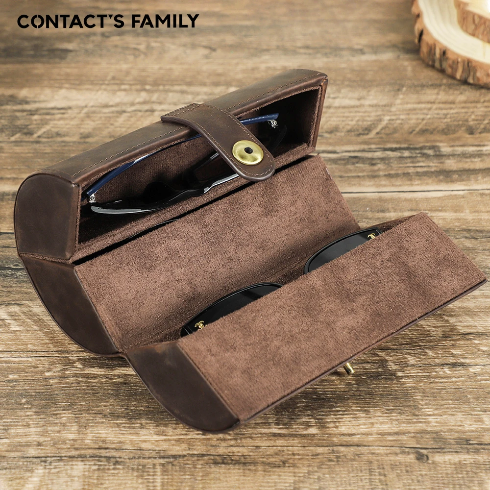 CONTACT\'S FAMILY Retro Sunglasses Case Genuine Leather 3 Slots Eyeglasses Storage Box Travel Portable Sunglass Cases Holder