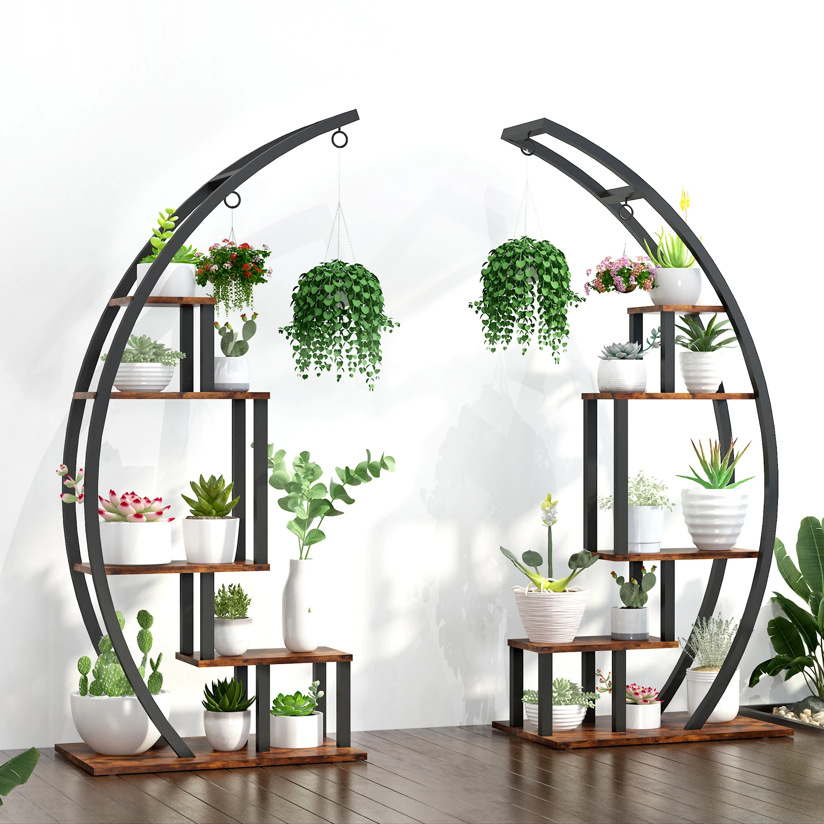 Half‑Moon Plant Stand Indoor, 5‑Tier 56 Inch Tall Curved Large Plant Shelf with Hanging Hooks, Metal Wood Plant Display Rack for Living Room Patio Balcony