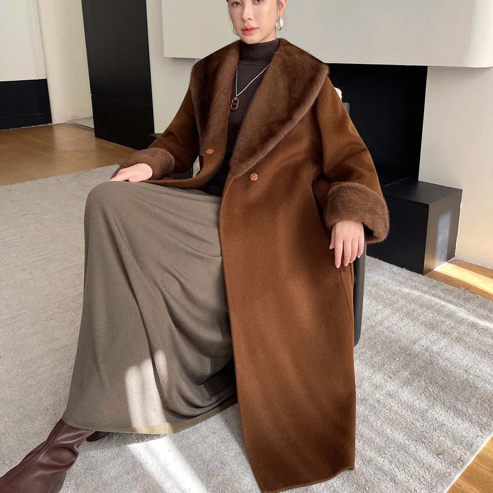 

High-end mink fur leader double-sided cashmere coat, long and high-end woolen coat for women in winter