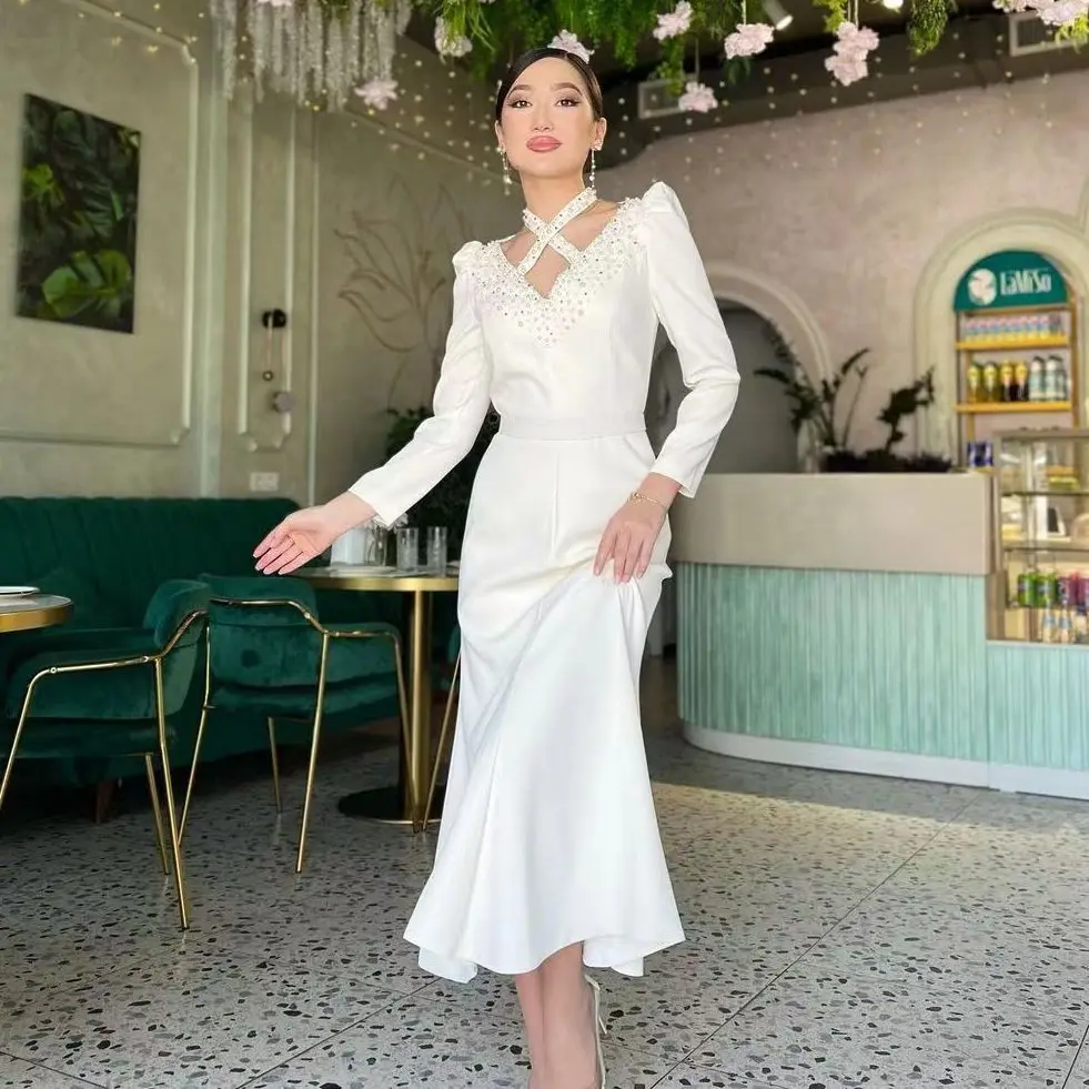 

New Style Prom Dresses Beads Halter V-neck Long Sleeves Tea-Length Formal Occasion Dresses Robes De Vestidos De Graduación