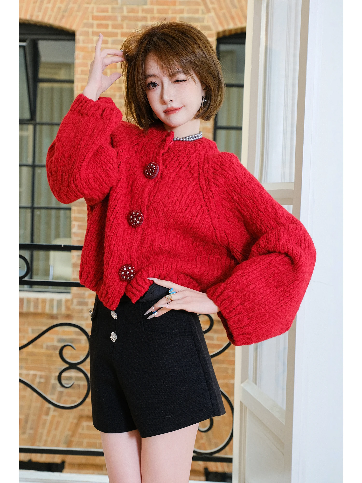 

MIUCO New Year Red Luy Woolen Knitted Design Lantern Sve Sweater ort Open Cardigan Outerwear Women Ele Sle Pure ...