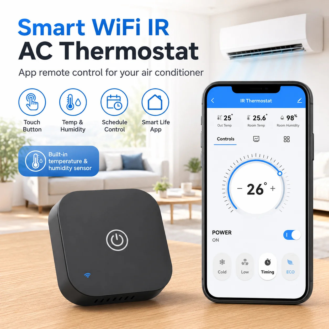 

WiFi Smart IR AC Thermostat Air Conditioner Controller Temp Humidity Sensor Touch Button Tuya Smart Life Remote Alexa Google