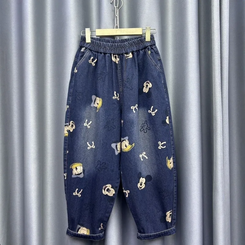 

American Vintage Mickey Printed Jeans Women Spring New Design High Waist Loose Slimming Harem Casual Denim Trousers Trendy