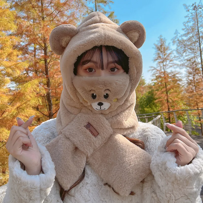 Cartoon Cute Bear Plush Thickened Hat Earmuffs Ladies Scarf Windproof Mask Students Autumn And Winter Warm Outdoor Cycling Scarf