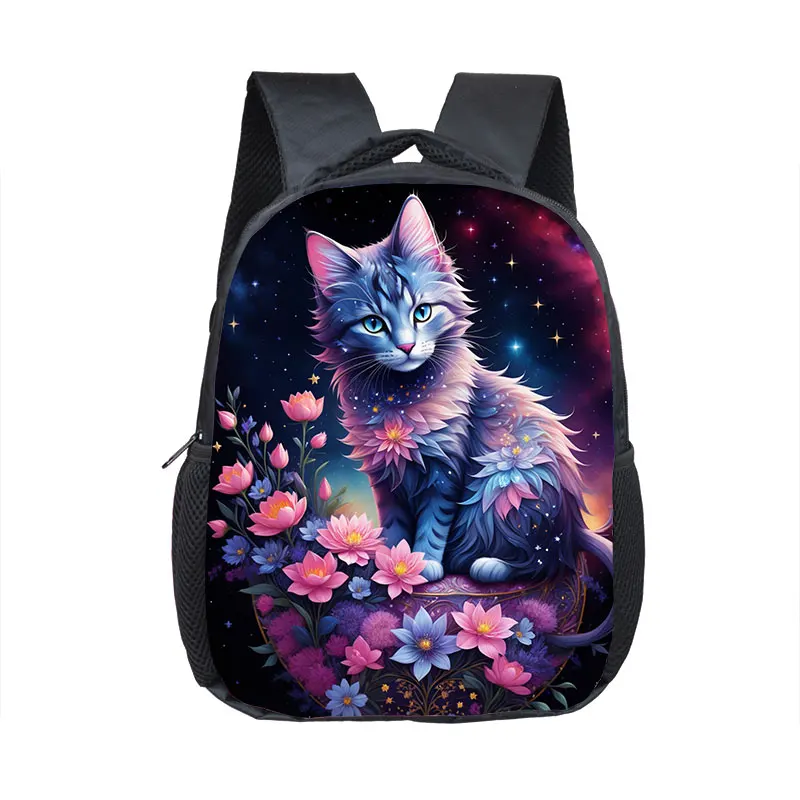 12inch Starry Sky Flower Cat Backpack for 2-4 Years Old Cute Cat School Bags for Kids Bookbag Kindergarten Mini Backpacks Gift