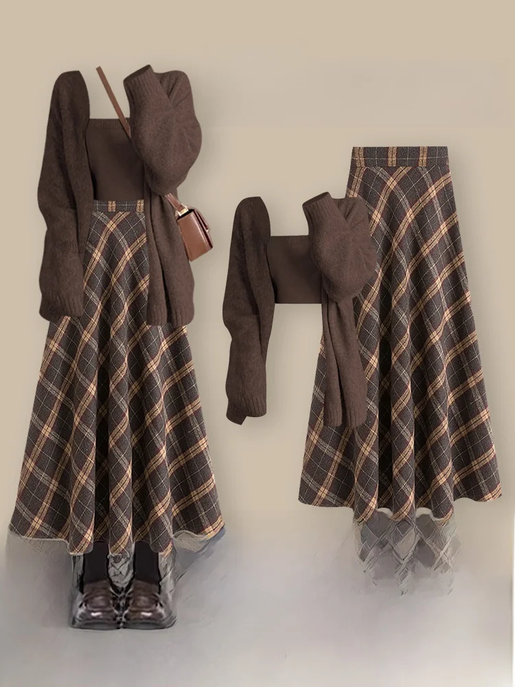 

Корейский ретро-комплект: вязаный кардиган, топ на бретелях, юбка в клетку – женский зимний элегантный комплект из трех предметов