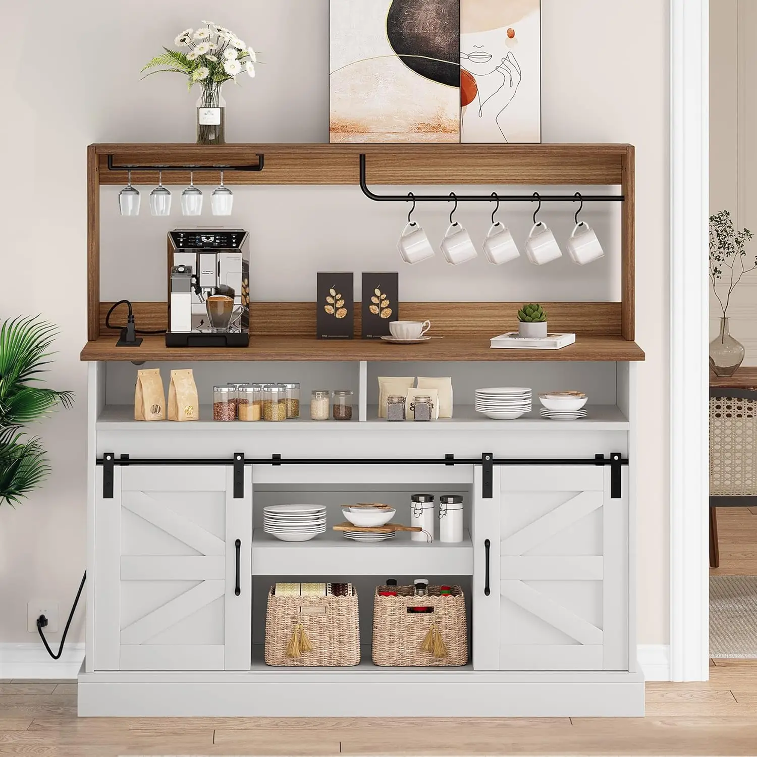 Farmhouse Buffet Cabinet com Armazenamento, Porta de Celeiro Deslizante, Armário Aparador com Suporte para Cálice, 5 Ganchos e Tomadas, 52"