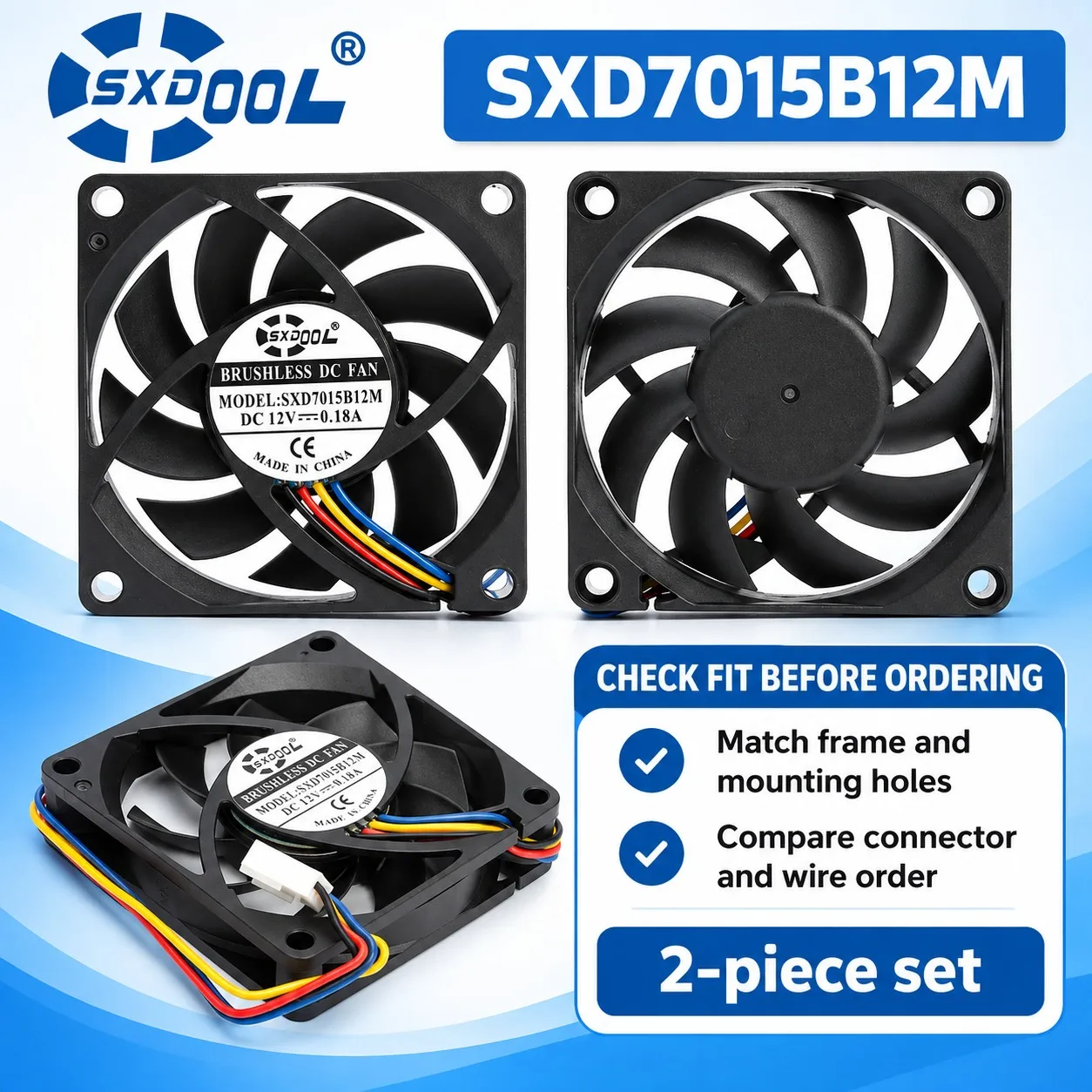 SXD7015B12M Cooling Fan 70x70x15mm 7015 12V 0.18A 3000RPM PWM Dual Ball Bearing 4-Pin 2-Pack for SXDOOL