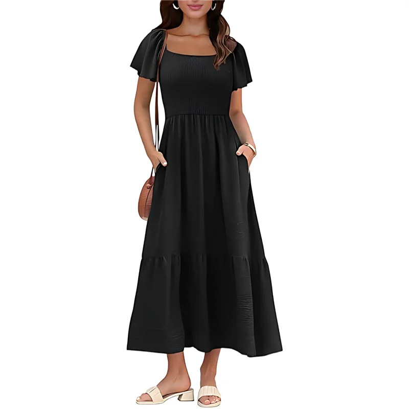 ABRT - Damska letnia sukienka midi w stylu boho z kwadratowym dekoltem, falbankami na rękawach, marszczeniami, rozkloszowanym krojem w kształcie litery A, warstwowymi falbanami, skromnym krojem i kieszeniami.