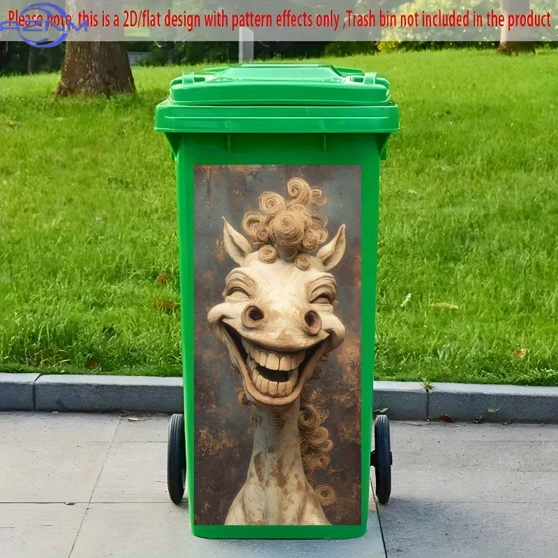 2D Flat Printing 1pc Trash Can Sticker 37×82cm Humorous Horse Face Design Self-Adhesive Wallpaper Decoration Suitable for Tras