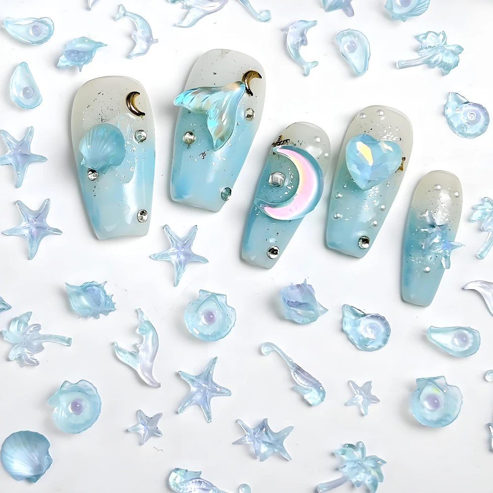 30PCS 3D Acrylic Ocean Nail Accessories Sea Shell Conch Starfish Jellyfish Dolphin Mermaid Charms Manicure Decoration Supplies