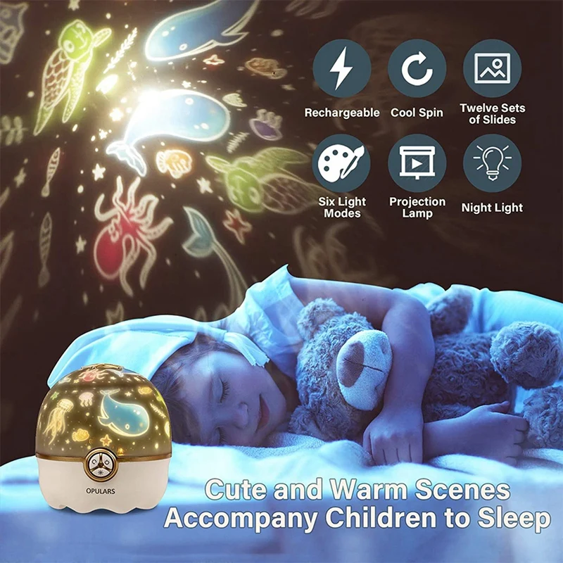 Proyektor lampu malam bayi, lampu samping tempat tidur dapat diisi ulang rotasi 360 ° dengan 6 film adegan, untuk promosi dekorasi kamar tidur