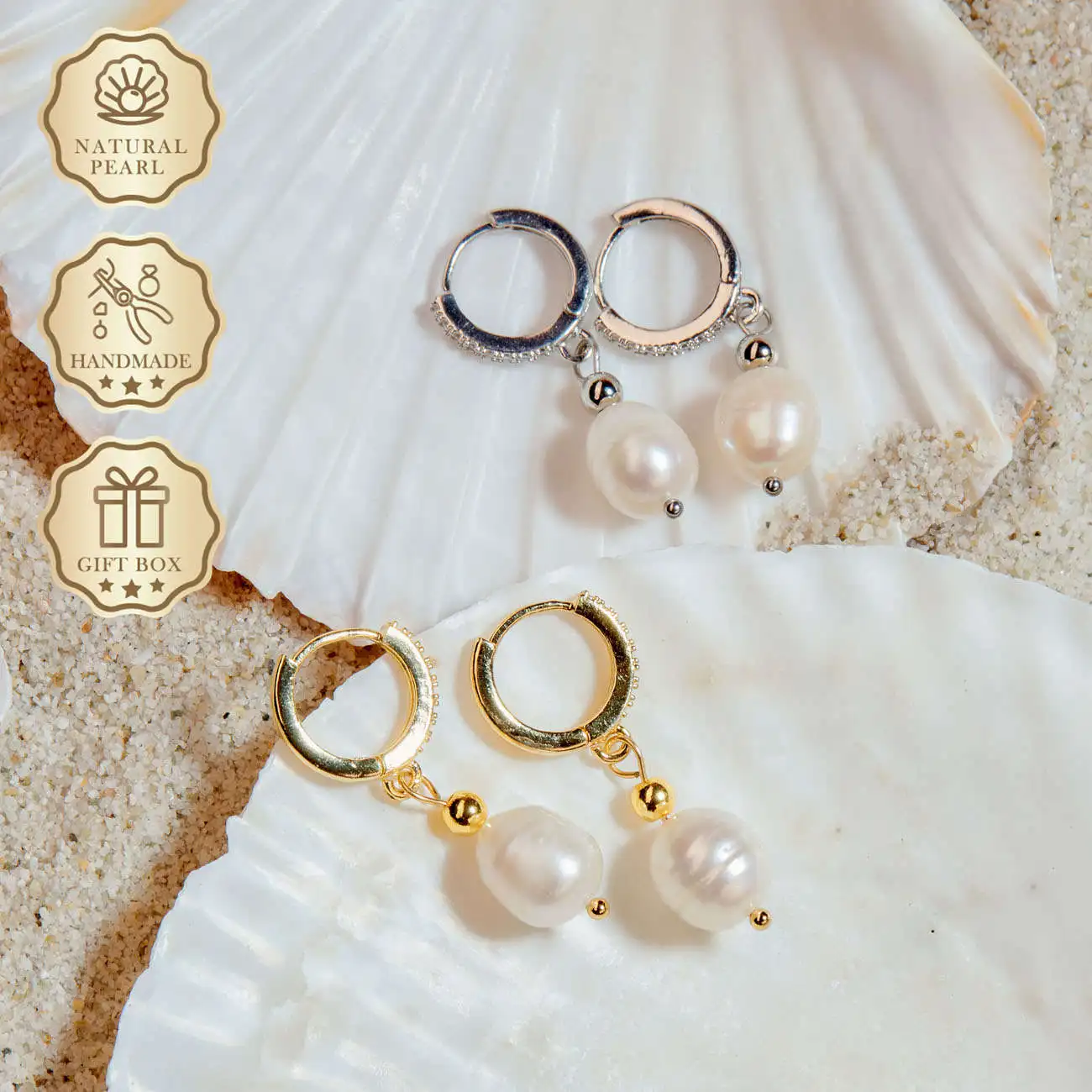 

MYSOYA White Freshwater Pearl Earrings, 9–10mm Pearls with Gold & Silver Round Clasp, Gift Box, Perfect Birthday Gift