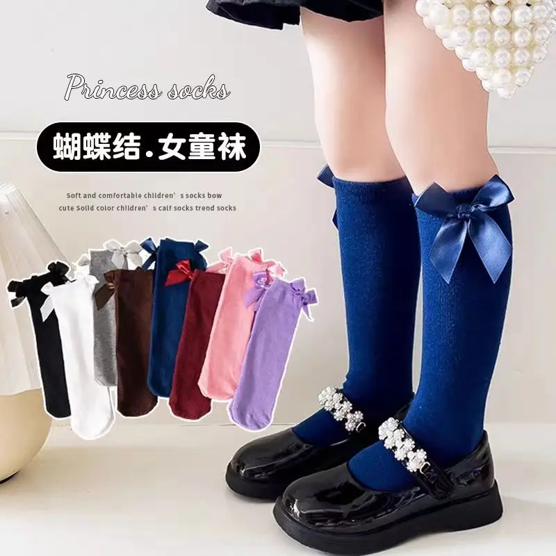 Baby Cotton Socks Korean Bow Pink Princess Calf Sweet Lolita Sock Children Straight Cute Candy Colore Hosiery Little Girl Socks