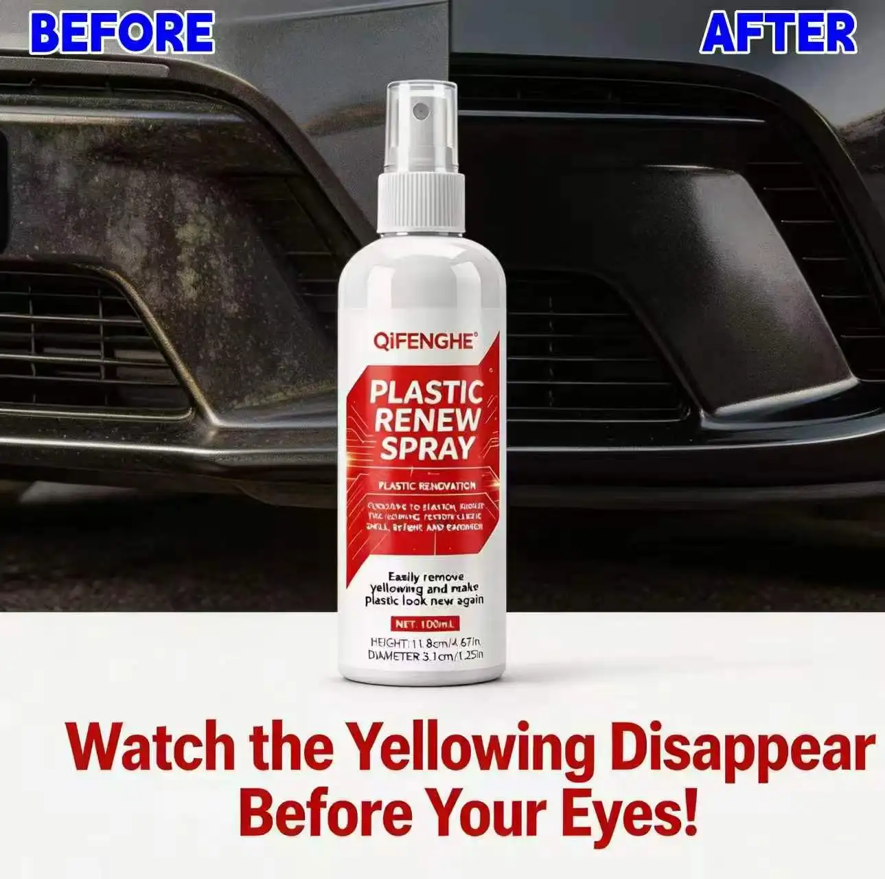 QIFENGHE Plastic Renew Spray Restore Remove Yellowing Brighten Enhance For Old Appliances Car Trim Outdoor Furniture 100ml