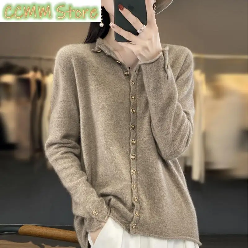 Wool Women's Cardigan Sweater Casual Loose Solid Color Cashmere Knitted Long Sleeve Thin Women's O-Neck Sweater New Special