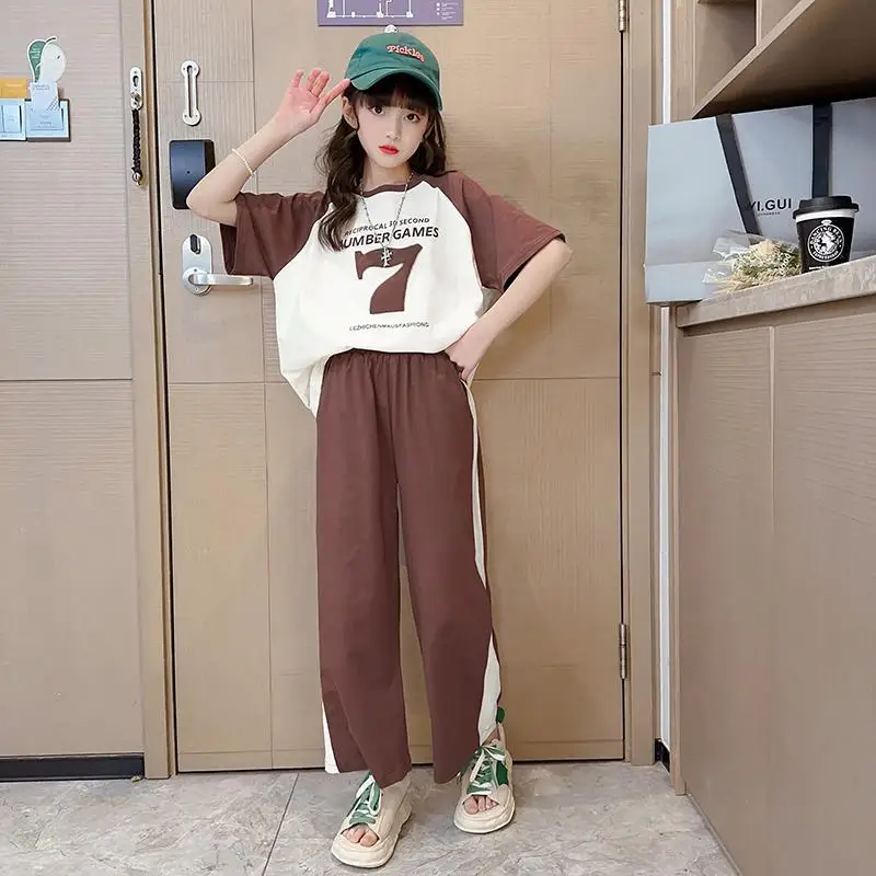 Girls 2026 Summer New Fashion Trendy Short Sleeve Suits 4 6 8 10 12 14 Years Youth Teenage Girls Korean Style 2Pcs Tees Clothes