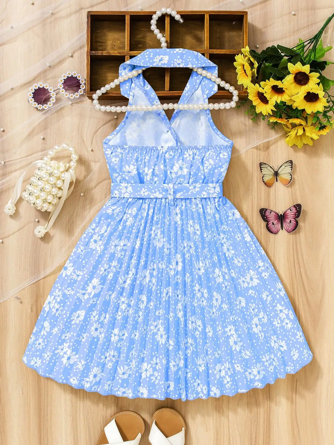 (189) Little Girl's Summer Vacation Floral Suspender Dress, Blue Artistic Pastoral Style Dress, Essential Dress for Baby's Vacation Photos, Fresh and Sweet, Skin-Friendly and Comfortable, the First Choice for Outdoor Outings and Birthday Parties! Suitable for Little Girls Aged 4-7, Spring and Summer.