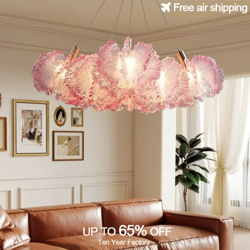 

Pink Round Modern Flower Pendant Light with Clear Glass Petals French Design for Bedroom Living Room and Dining Room Foyer