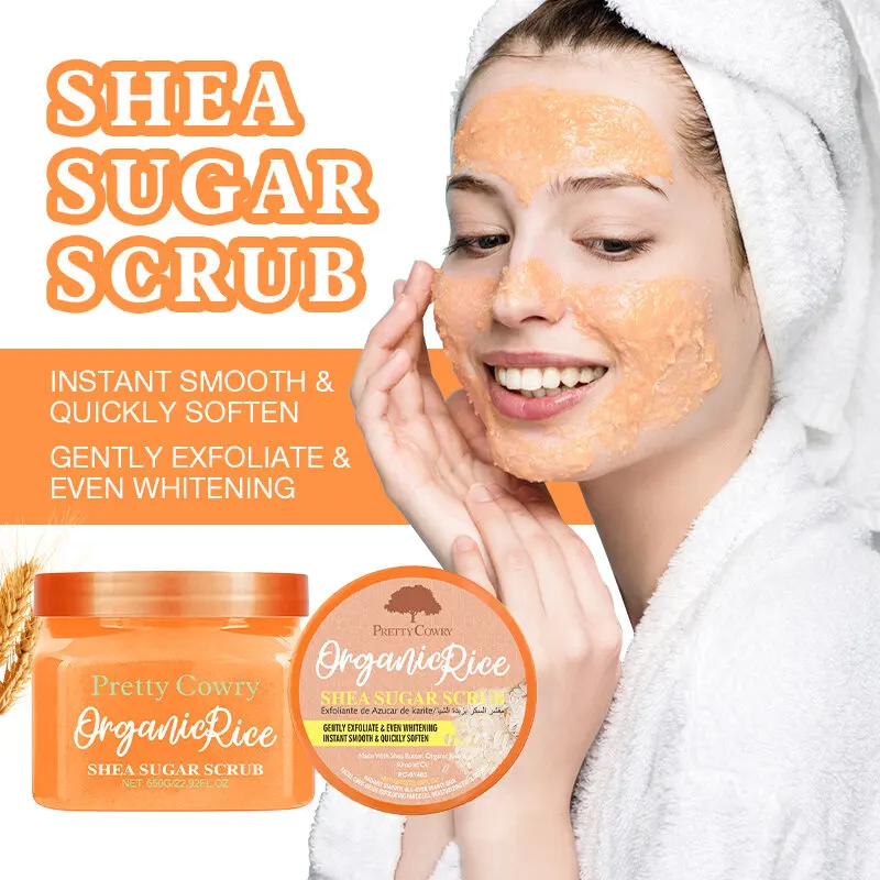 Pretty Cowry Organic Rice Shea Sugar Scrub – Moisturizing, Exfoliating, and Skin Brightening for Smooth, Soft, Radiant Glow Skin