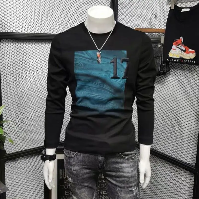 

Men's T-shirt New Handsome Round Neck Top Printed Long Sleeved Fashionable T-shirt