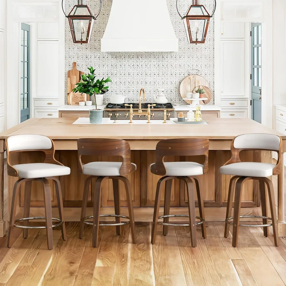 26" Counter Height Bar Stools, Mid Century Bar Stools with Solid Back, Barstools with Walnut Finish and Faux Leather Seat