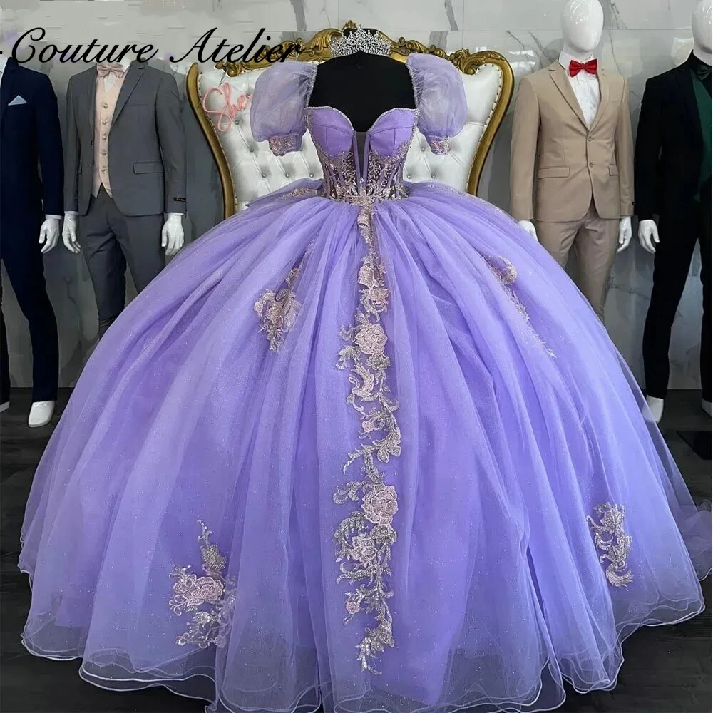 Light Purple Puff Short Sleeve Ball Gown Quinceanera Dress Shinning Beaded Flowers Corset Wedding Dresses Sweet 16 aqua quinceñe