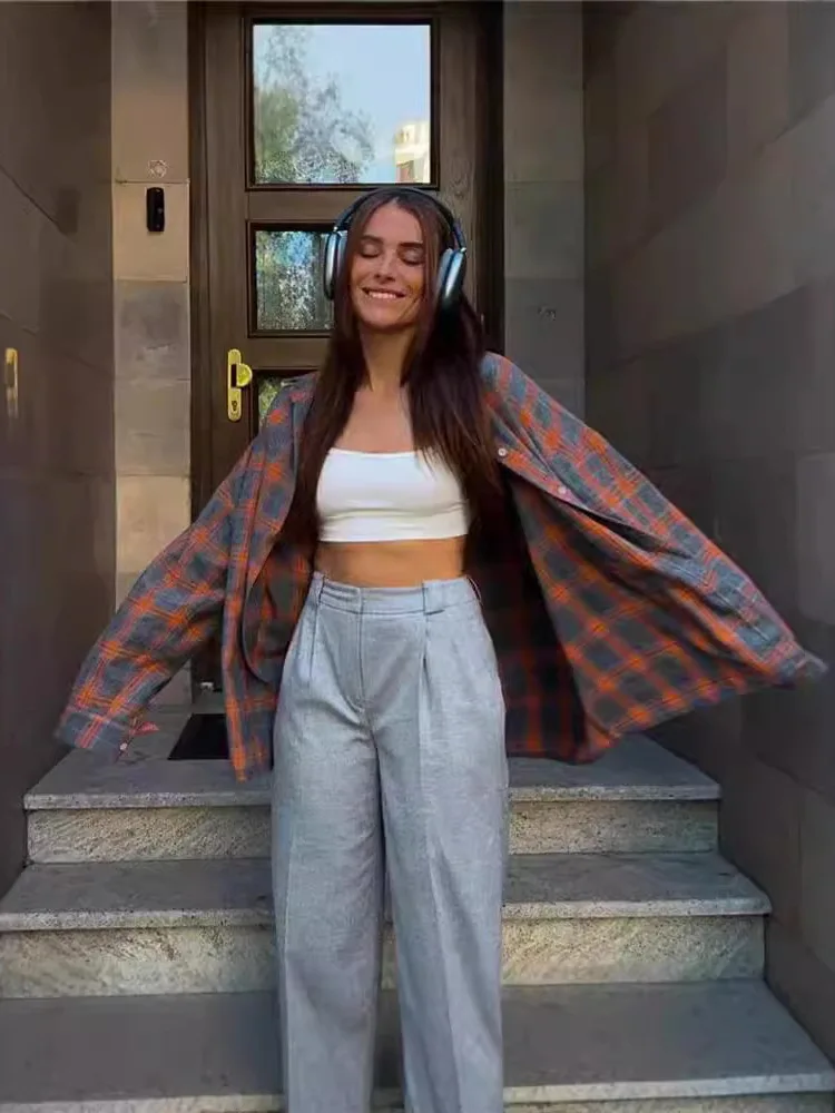 Damen Retro Plaid Long Sve irt Vielseitig Cheered Casual Sle Polyester Stoff Oulder-Breite Loose Fit Normale Länge