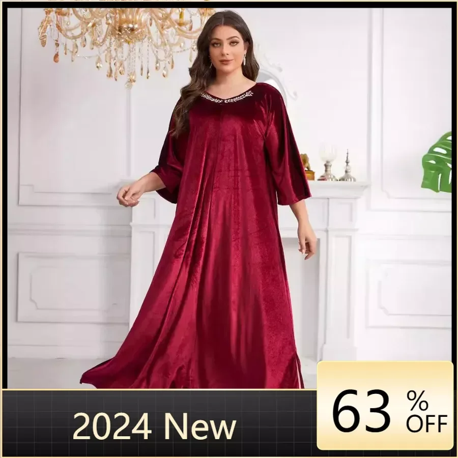 

Abaya Dubai 2024 Spring Elegant Muslim Women 3/4 Sleeve V-neck Velvet Plus Size Long Maxi Dress Abaya Dress Muslim Fashion Abaya