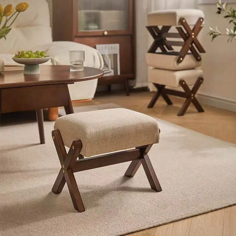 

solid wood upholstered stool ottoman can be stacked, suitable for home entrance living room cotton and linen sofa bench