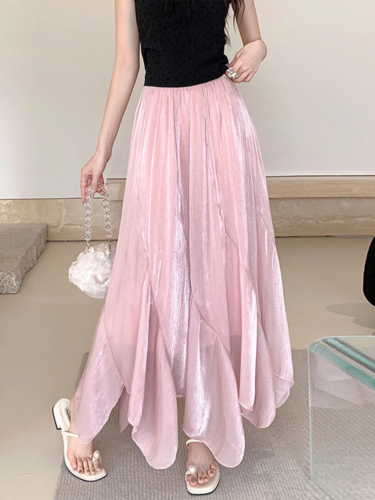 

French Pearlescent Mesh Skirt Half length Skirt Women's Summer High Waist Slim Drop Irregular A-line Large Swing Umbrella Skirt