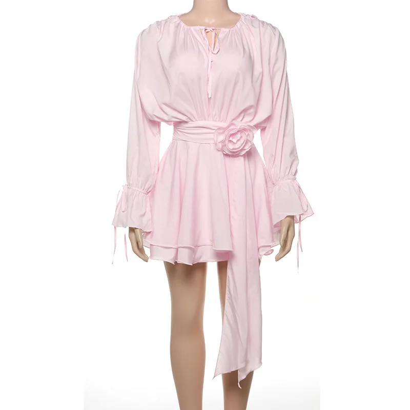 فستان نسائي صيفي قصير جديد بلون سادة على شكل حرف A مثير بربطة عنق وأكمام مضيئة مع حزام زهور ثلاثي الأبعاد