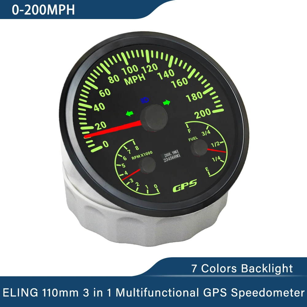 

ELING 110 мм 3 в 1 Многофункциональный GPS-спидометр 0-120MPH с тахометром 0-8000 об/мин, уровень топлива, 7 цветов, подсветка для автомобиля, лодки