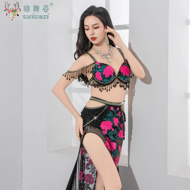 Traje de performance de dança do ventre personalizado, lantejoulas sênior bordadas, contas de cristal, conjunto de borla, roupas de competição de dança oriental