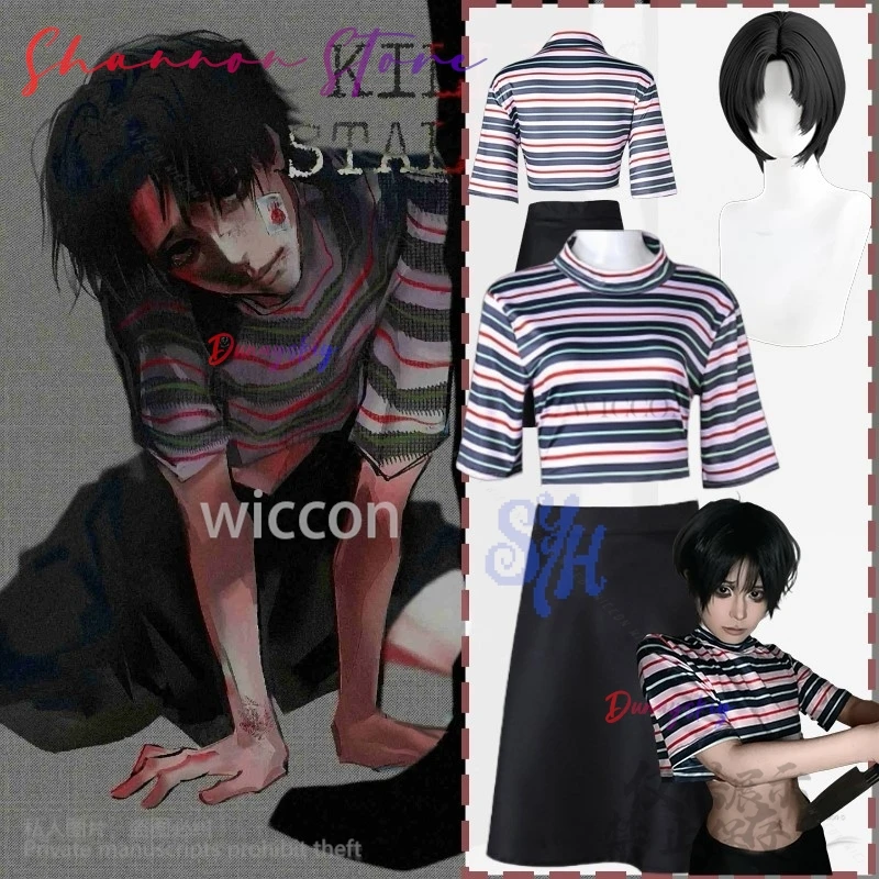 

Killing Anime Stalking Cosplay Yoo Bu Costume Striped Loose Tshirt Y2K Jirai Kei Uniform Black Dress Goth Horror Halloween Party