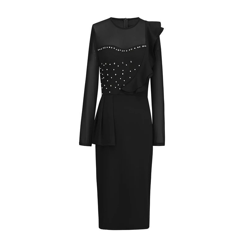 2026 Moda Abito in rilievo Maglia a maniche lunghe Stretch Slim-Fit Gonna con volant Incontri All-Match Abbigliamento donna elegante