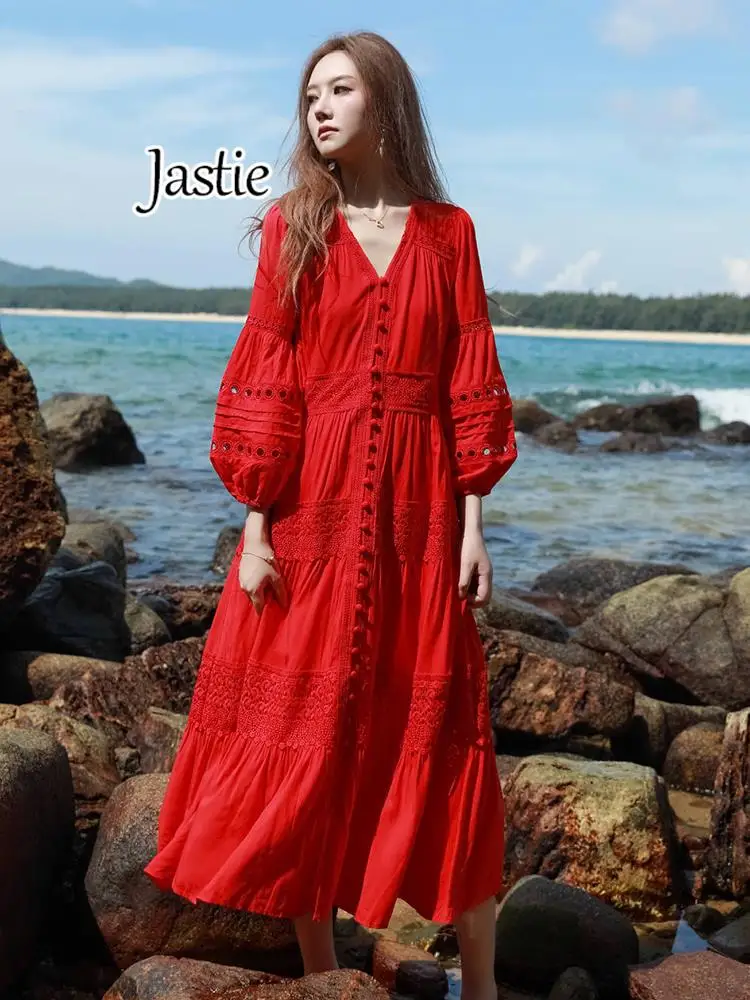 Jastie Seaside V-neck Long Sleeve Dress 2024 Retro Patchwork Embroidered Women's Dresses Summer Beach Casual Vacation Long Dress